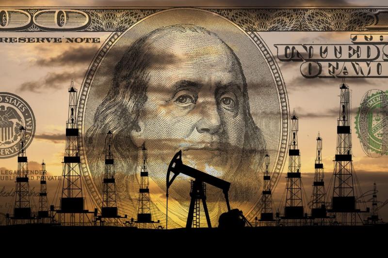 American currency overlaid on silhouetted oil derricks at dusk. Symbolic representation of the petrodollar system and the intersection of American finance, energy, and power.