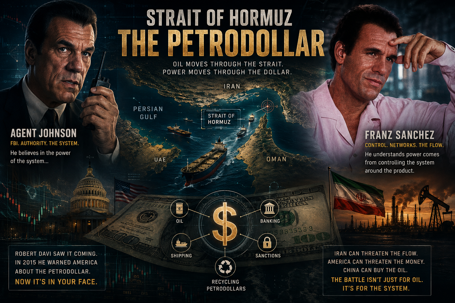 Illustration of oil tankers, currency, and the Strait of Hormuz representing the intersection of physical energy flows and the dollar-centered financial system.
