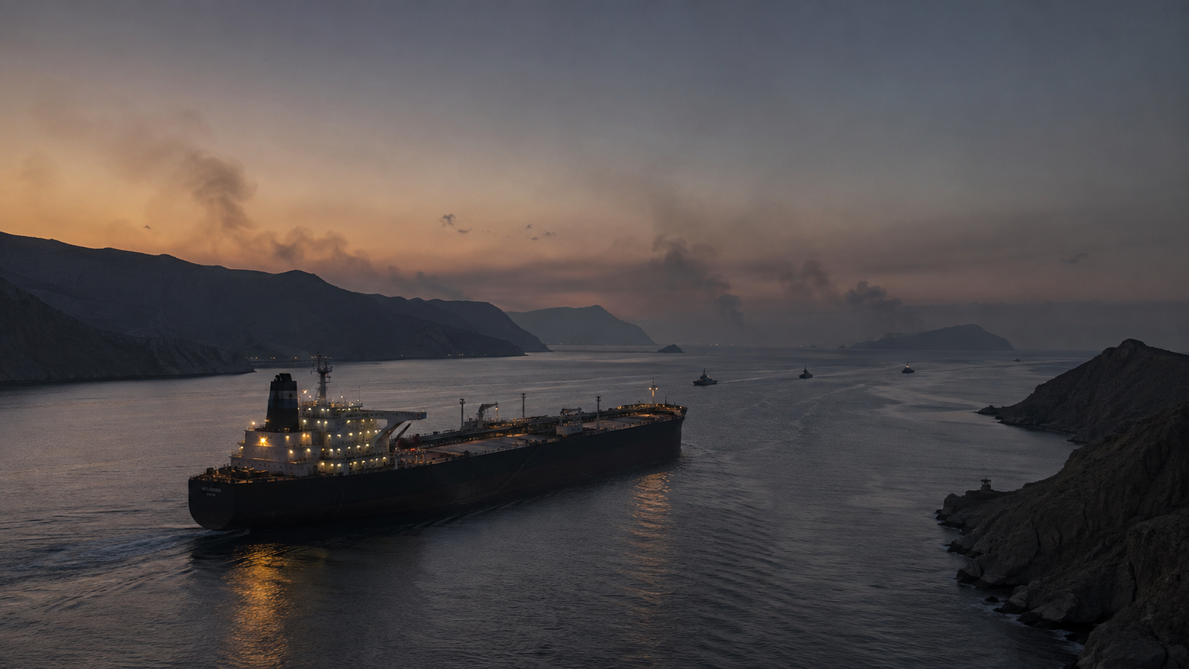 Oil tanker transiting the Strait of Hormuz at dusk, escort vessels visible in the distance. Iran war update August 2026.